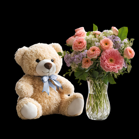 New Baby Teddy Bear and Flowers - Neutral